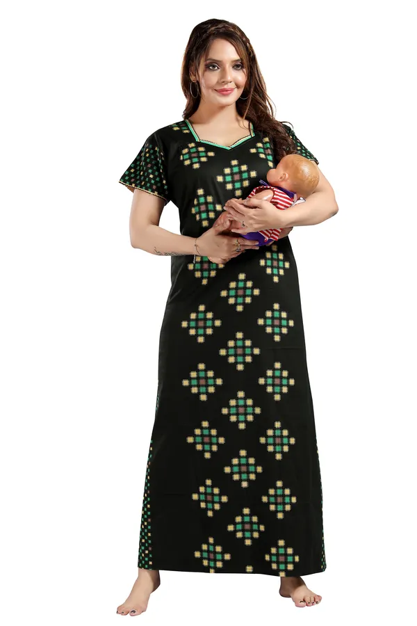 Dark_Green_Cotton_Colorblock_Regular_Maternity_&_Nursing_Nighty_For_Women