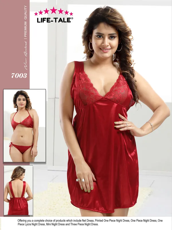 LIFE-TALE_3-Piece_Maroon_Satin_Lace_Honeymoon_Nighty_Set_For_Women(Baby_Doll_Nighty)