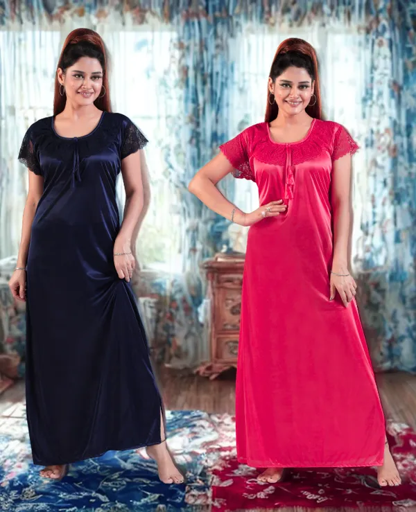 Pack_of_2__Navy_Blue+Peach_Satin_Solid_Honeymoon/Regular_Nighty_Combo