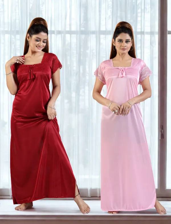 Pack_of_2__Maroon+_Baby_Pink_Satin_Solid_Honeymoon_Nighty_Combo/Regular_Nighty