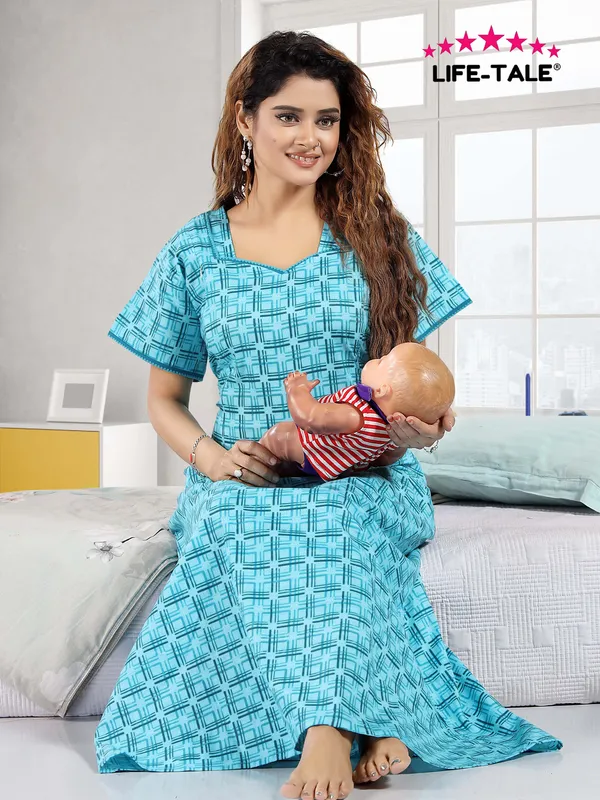 Blue_Cotton_Checkered_Regular_Maternity_&_Nursing_Nighty_For_Women