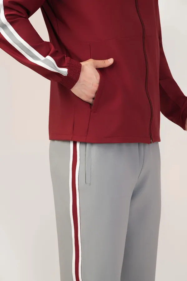 Maroon/Grey_Twill_Tracksuit_For_Men