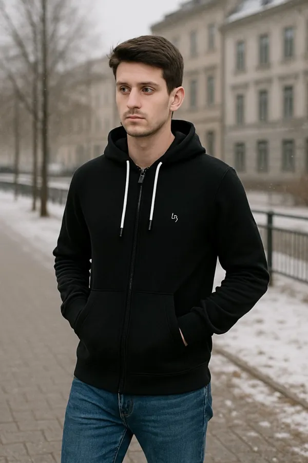 Leebonee_Mens_Solid_Black_Cotton_Fleece_Zipper_Hooded_Sweatshirt