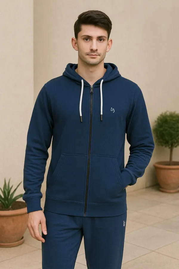Leebonee_Mens_Solid_Blue_Cotton_Fleece_Zipper_Hooded_Sweatshirt