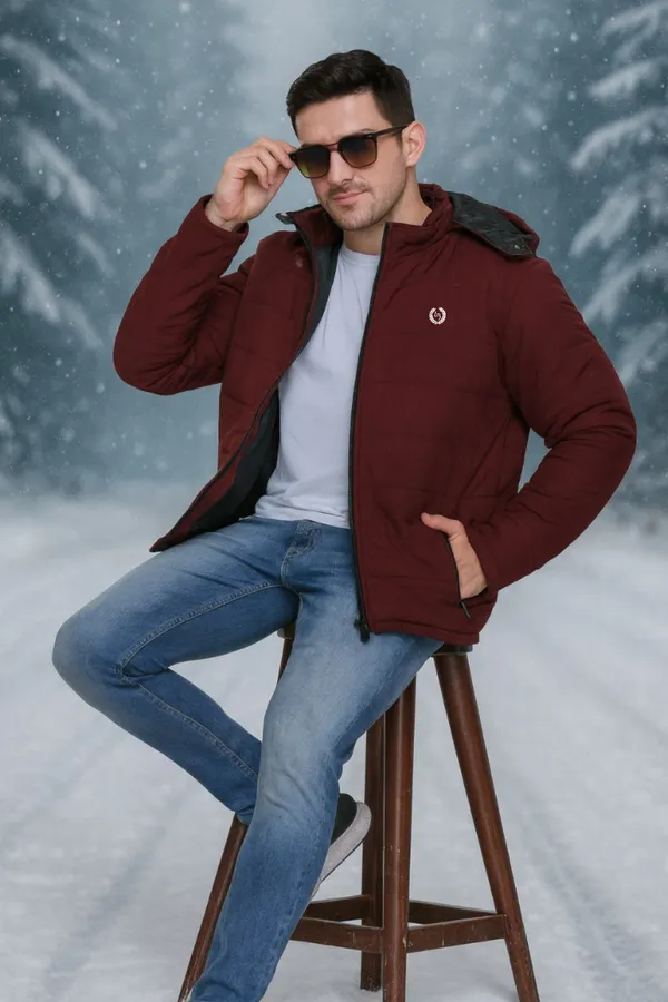 Wine_Polyester_Blend_Solid_Quilted_Plus_Size_Puffer_Jacket_with_Detachable_Hood_For_Men