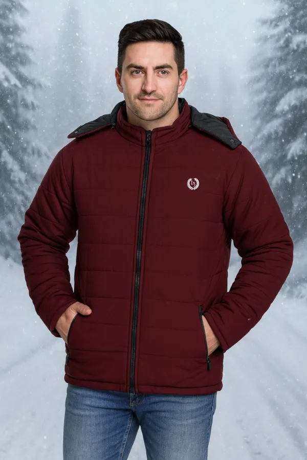 Wine_Polyester_Blend_Solid_Quilted_Plus_Size_Puffer_Jacket_with_Detachable_Hood_For_Men