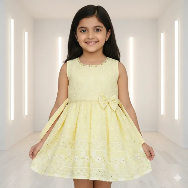 Pariari_Girls_Yellow_Embroidered_Cap_Sleeve_Dress_For_Girls