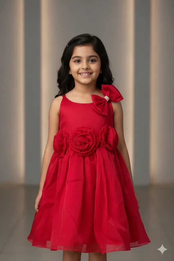 Pariari_Girls_Red_Floral_Party_Wear_With_Bow