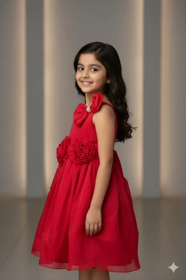 Pariari_Girls_Red_Floral_Party_Wear_With_Bow