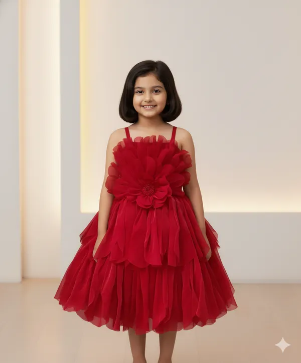 Pariari_Girls_Red_Floral_Design_Party_Wear