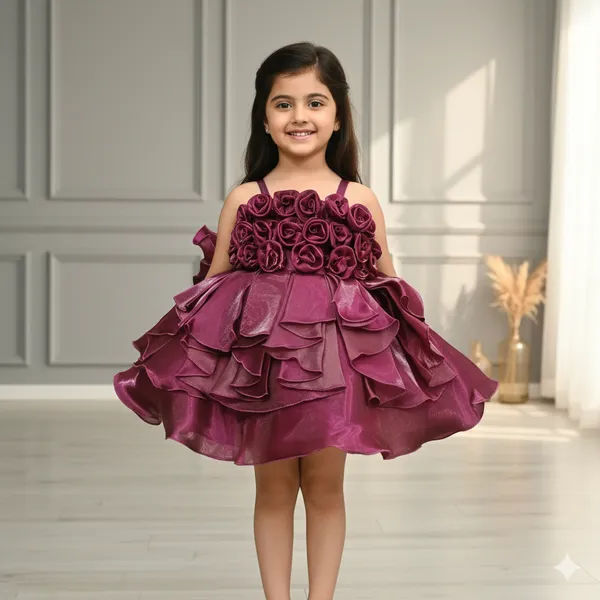 Pariari_Girls_Elegant_Floral_Maroon_Party_Dress_For_Girls
