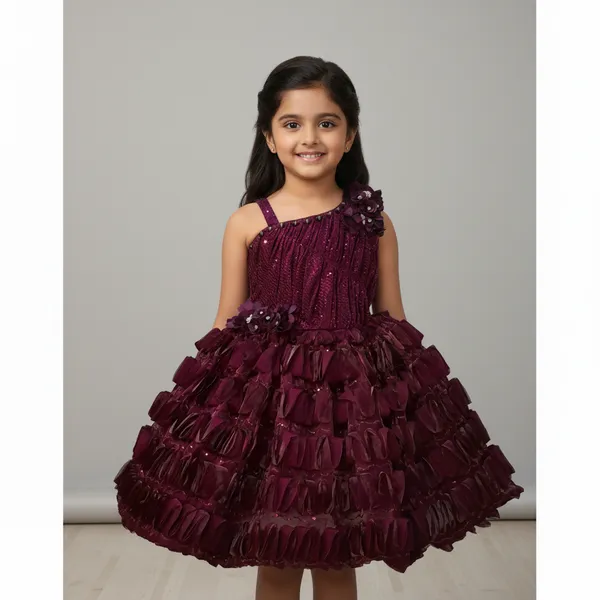 Wine_Pleated_Party_Wear_Dress_For_Girls