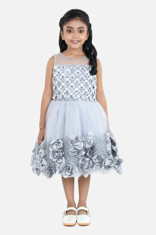 Pariari_Girls_Grey_Polyester_Dress_With_Floral_Applique