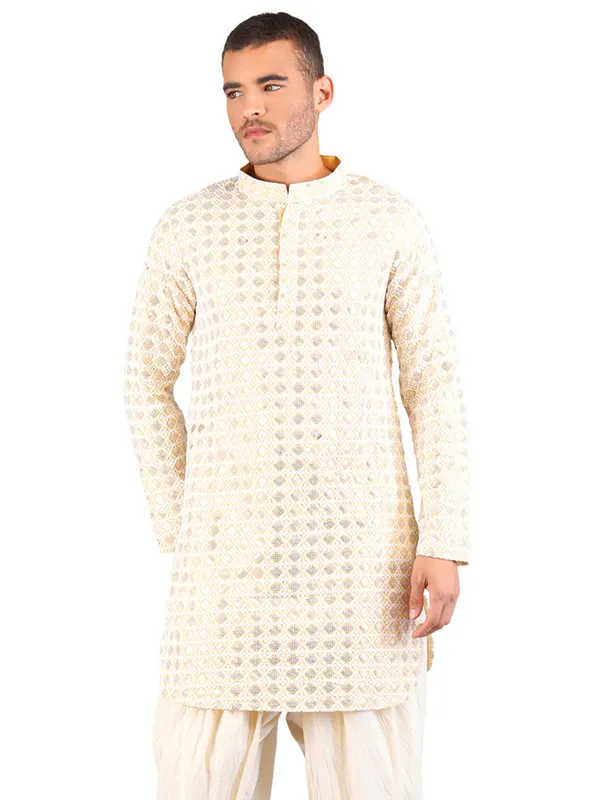 SATAV_Men's_Cotton_Viscose_Embroidered_beige_ethnic_|Sequined_Kurta_