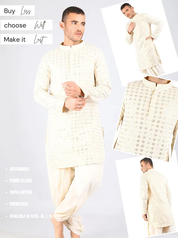 SATAV_Men's_Cotton_Viscose_Embroidered_beige_ethnic_|Sequined_Kurta_