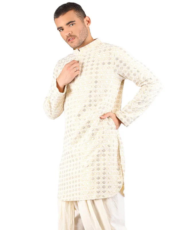SATAV_Men's_Cotton_Viscose_Embroidered_beige_ethnic_|Sequined_Kurta_
