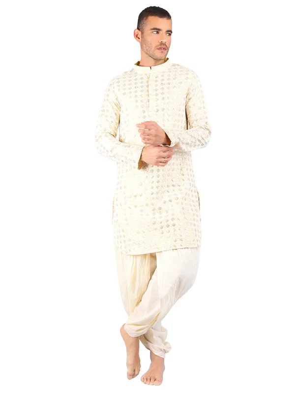 SATAV_Men's_Cotton_Viscose_Embroidered_beige_ethnic_|Sequined_Kurta_with_Pull-on_Pleated_off-white_Dhoti_Pants,_Traditional_Festive_Wear