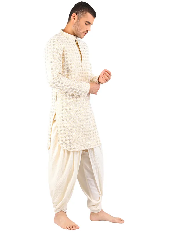 SATAV_Men's_Cotton_Viscose_Embroidered_beige_ethnic_|Sequined_Kurta_with_Pull-on_Pleated_off-white_Dhoti_Pants,_Traditional_Festive_Wear