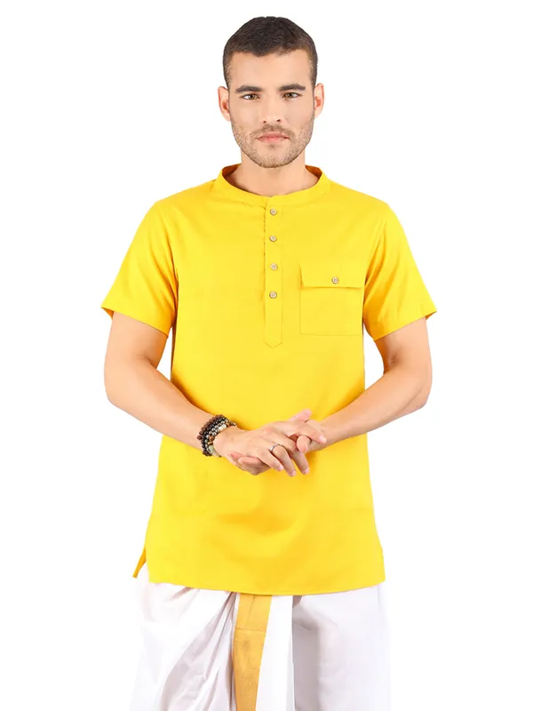 SATAV_Men's_Cotton_short_Yellow_Kurta