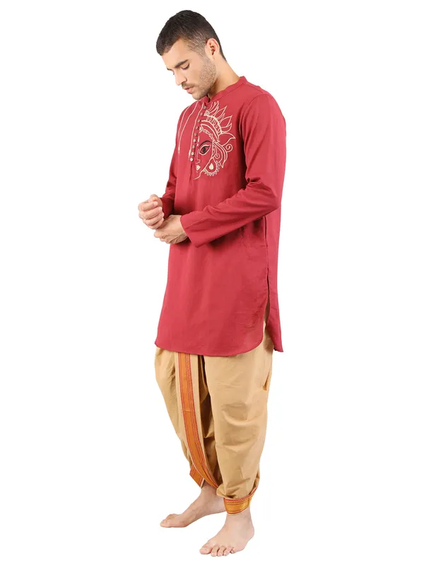 Satav_Beige_Cotton_Pull-on_Pleated_Dhoti_Pants_with_thread_embroidered_Maroon_long_kurta_for_men