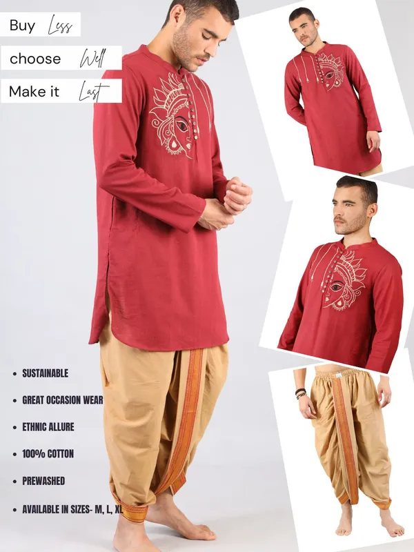Satav_Beige_Cotton_Pull-on_Pleated_Dhoti_Pants_with_thread_embroidered_Maroon_long_kurta_for_men
