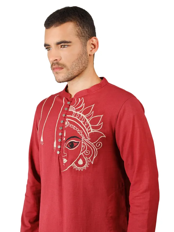 Satav_Beige_Cotton_Pull-on_Pleated_Dhoti_Pants_with_thread_embroidered_Maroon_long_kurta_for_men