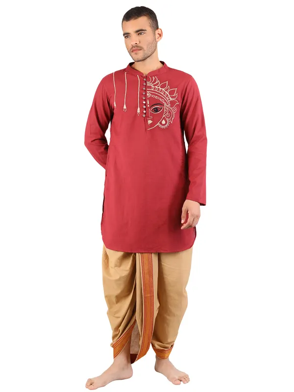 Satav_Beige_Cotton_Pull-on_Pleated_Dhoti_Pants_with_thread_embroidered_Maroon_long_kurta_for_men