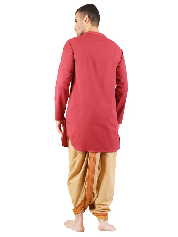 Satav_Beige_Cotton_Pull-on_Pleated_Dhoti_Pants_with_thread_embroidered_Maroon_long_kurta_for_men
