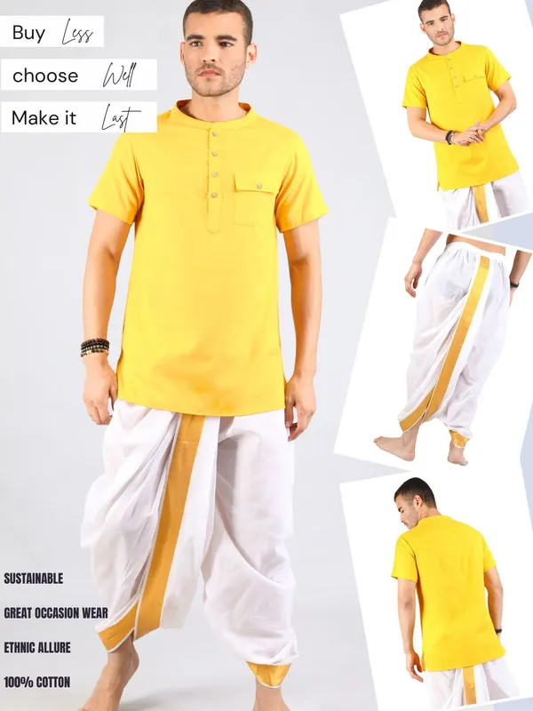 Satav_Golden_jacquard_border_White_Cotton_Pull-on_Pleated_Dhoti_Pants_with_soft,_breathable,_lightweight_short_kurta_for_men.