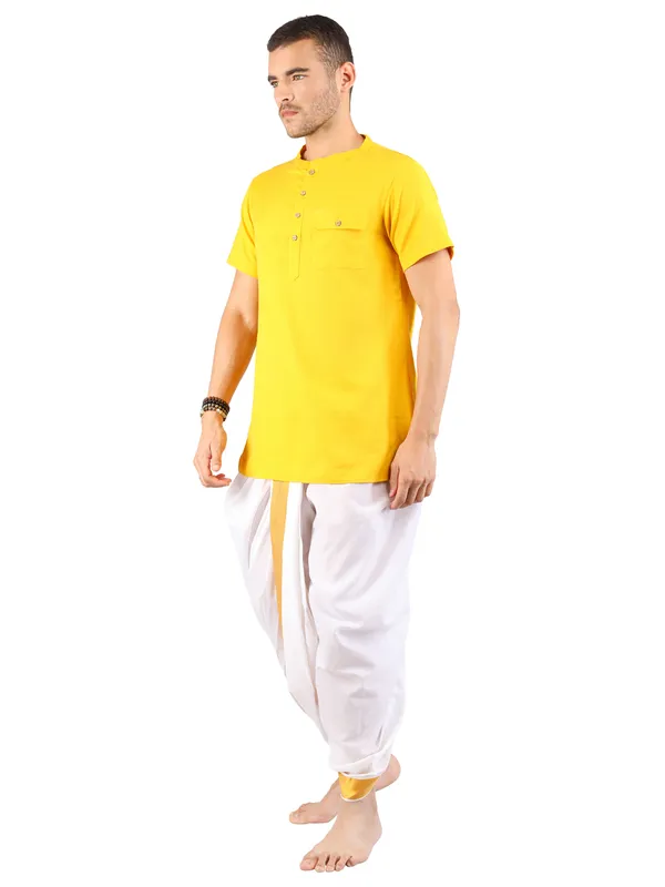 Satav_Golden_jacquard_border_White_Cotton_Pull-on_Pleated_Dhoti_Pants_with_soft,_breathable,_lightweight_short_kurta_for_men.