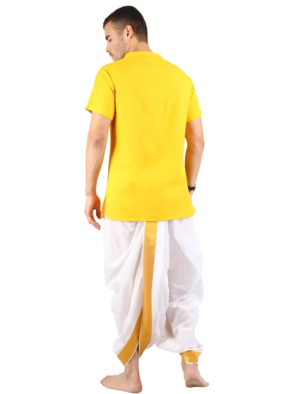 Satav_Golden_jacquard_border_White_Cotton_Pull-on_Pleated_Dhoti_Pants_with_soft,_breathable,_lightweight_short_kurta_for_men.