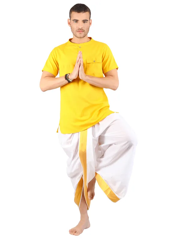 Satav_Golden_jacquard_border_White_Cotton_Pull-on_Pleated_Dhoti_Pants_with_soft,_breathable,_lightweight_short_kurta_for_men.