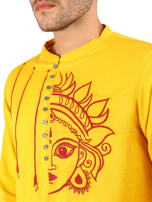 Satav_Maroon_Cotton_Pull-on_Pleated_Dhoti_Pants_with_thread_embroidered_Yellow_long_kurta_for_men