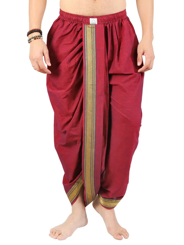 Satav_Maroon_Cotton_Pull-on_Pleated_Dhoti_Pants_with_thread_embroidered_Yellow_long_kurta_for_men