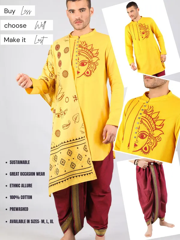 Satav_Maroon_Cotton_Pull-on_Pleated_Dhoti_Pants_with_thread_embroidered_Yellow_long_kurta_for_men