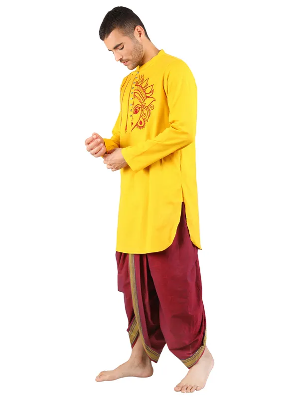 Satav_Maroon_Cotton_Pull-on_Pleated_Dhoti_Pants_with_thread_embroidered_Yellow_long_kurta_for_men