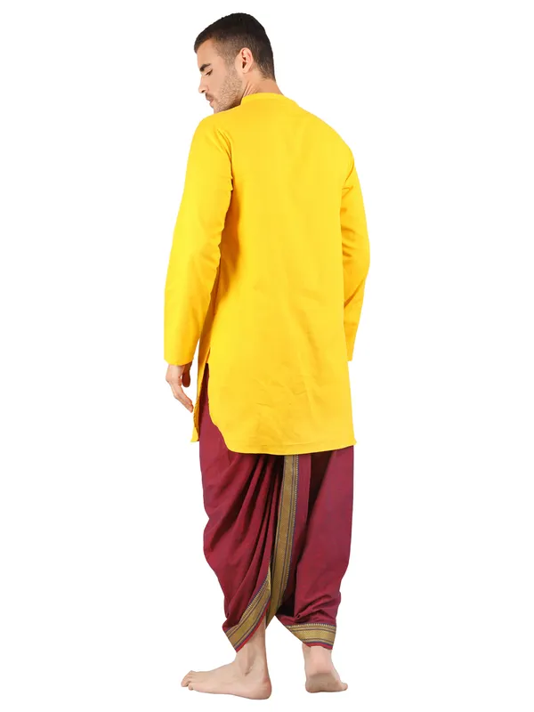 Satav_Maroon_Cotton_Pull-on_Pleated_Dhoti_Pants_with_thread_embroidered_Yellow_long_kurta_for_men