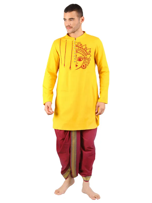 Satav_Maroon_Cotton_Pull-on_Pleated_Dhoti_Pants_with_thread_embroidered_Yellow_long_kurta_for_men