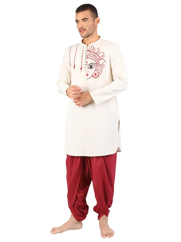 Satav_Maroon_Cotton_Pull-on_Pleated_Dhoti_Pants_with_thread_embroidered_long_kurta_for_men