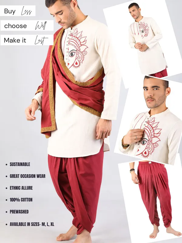 Satav_Maroon_Cotton_Pull-on_Pleated_Dhoti_Pants_with_thread_embroidered_long_kurta_for_men