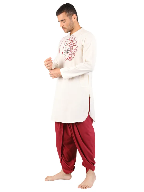 Satav_Maroon_Cotton_Pull-on_Pleated_Dhoti_Pants_with_thread_embroidered_long_kurta_for_men