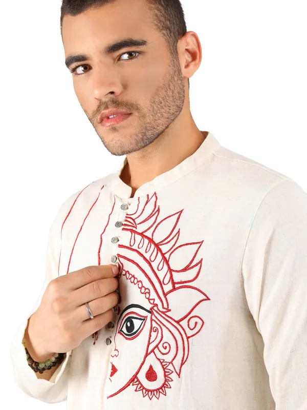 Satav_Maroon_Cotton_Pull-on_Pleated_Dhoti_Pants_with_thread_embroidered_long_kurta_for_men
