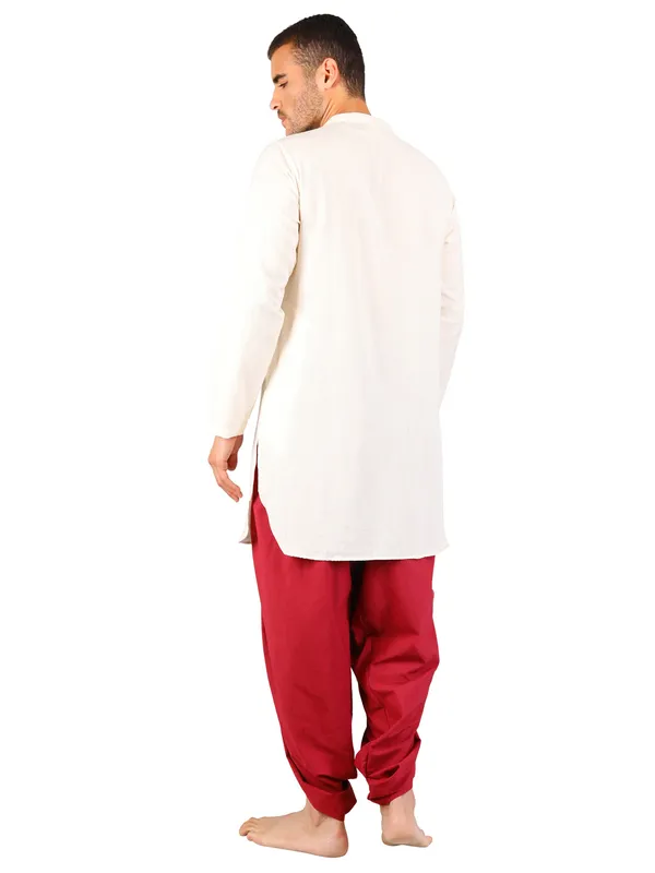 Satav_Maroon_Cotton_Pull-on_Pleated_Dhoti_Pants_with_thread_embroidered_long_kurta_for_men