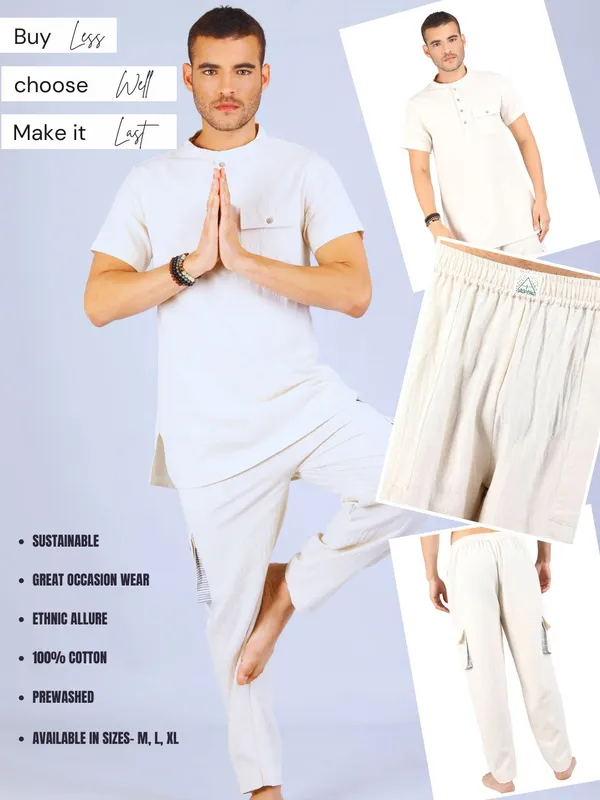 Satav_Men’s_Co-Ord_Set_cotton_trendy_Off-white_short_kurta_and_Pant