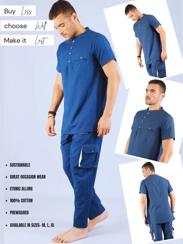 Satav_Men’s__cotton_trendy_blue_short_kurta