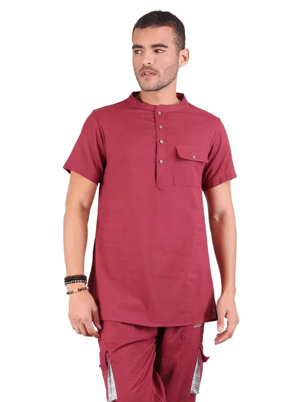Satav_Men’s_cotton_trendy_Maroon_color_short_kurta_