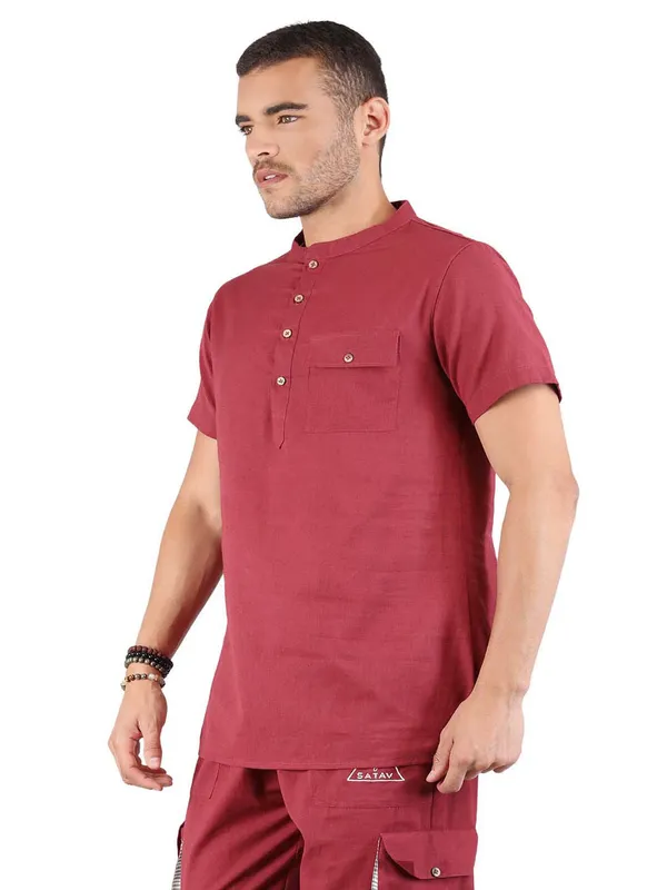 Satav_Men’s_cotton_trendy_Maroon_color_short_kurta_