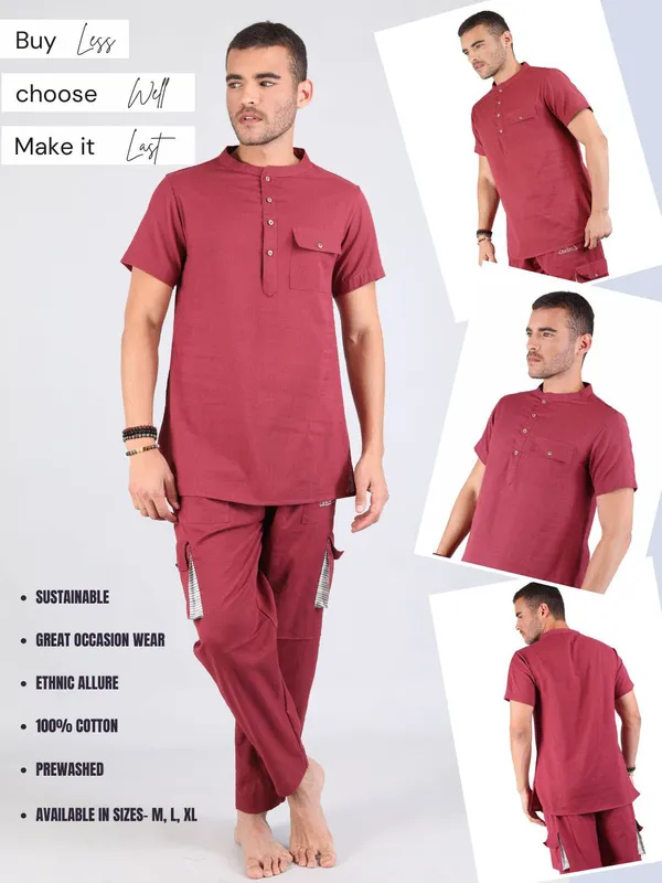 Satav_Men’s_cotton_trendy_Maroon_color_short_kurta_