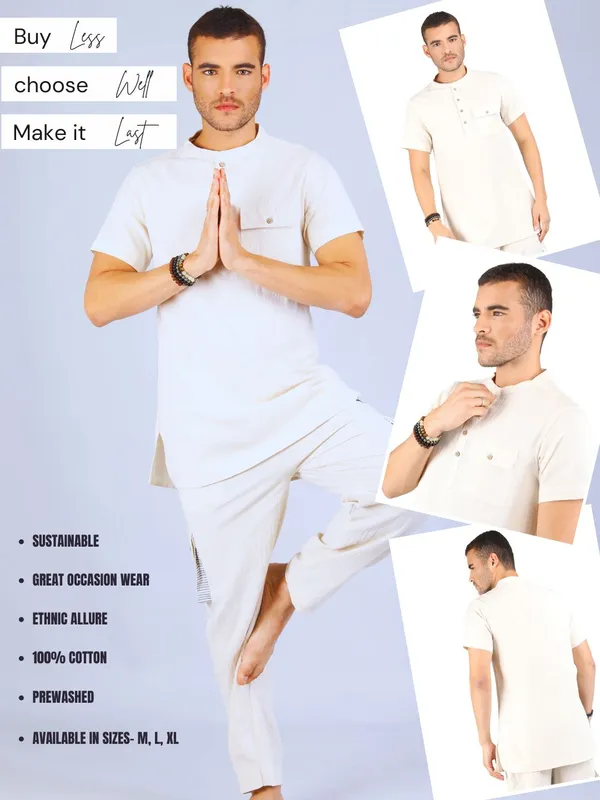 Satav_Men’s_cotton_trendy_Off-white_color_short_kurta_