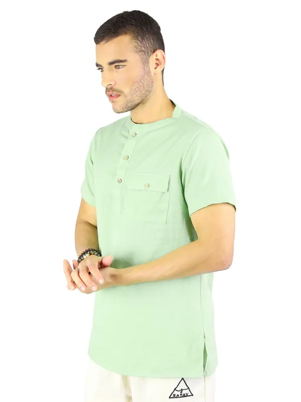 Satav_Men’s_cotton_trendy_Pista_Green_color_short_kurta_